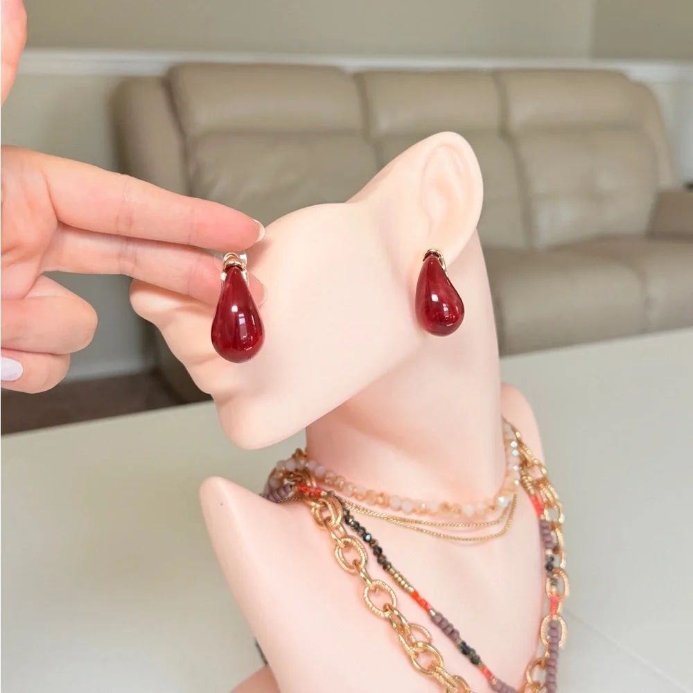 Gold Red Teardrop Drop Earrings - Women Jewelry